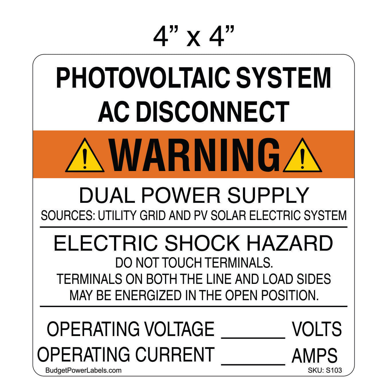 S103 - 4"x4" Photovoltaic System AC Disconnect Write In Sticker