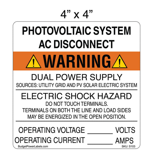 S103 - 4"x4" Photovoltaic System AC Disconnect Write In Sticker